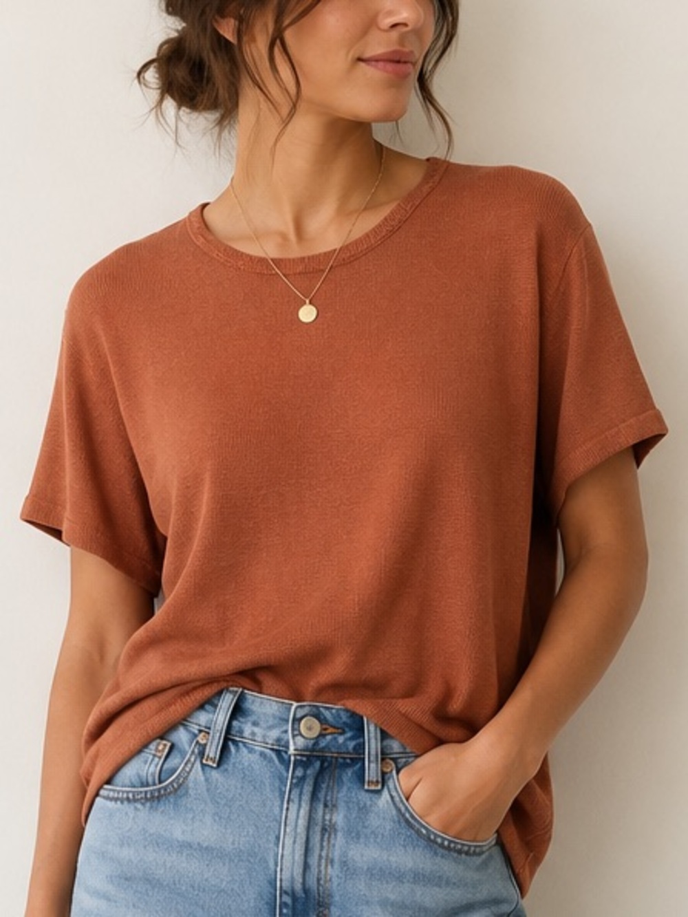 Vintage 100% Silk Knit 90s Y2K Vintage Short Sleeve Top Brick Orange Rust L